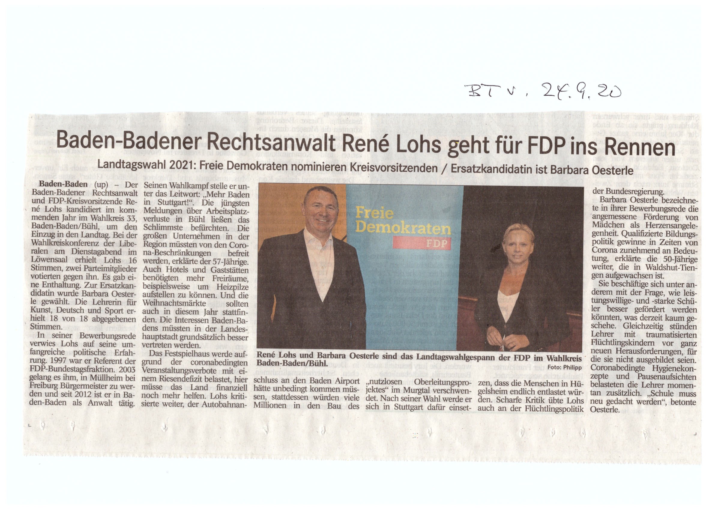 Zeitungsartikel: Baden-Baden und Rastatt: Personelle Aufstellung für die Landtagswahl
